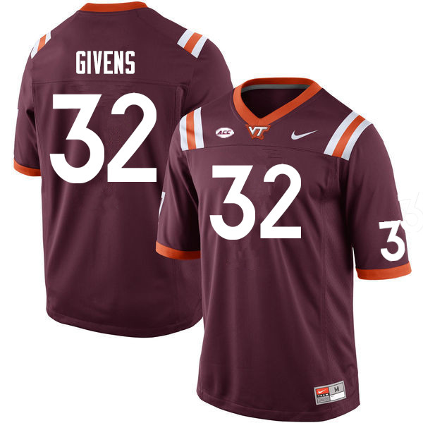 Men #32 Gunner Givens Virginia Tech Hokies College Football Jerseys Sale-Maroon